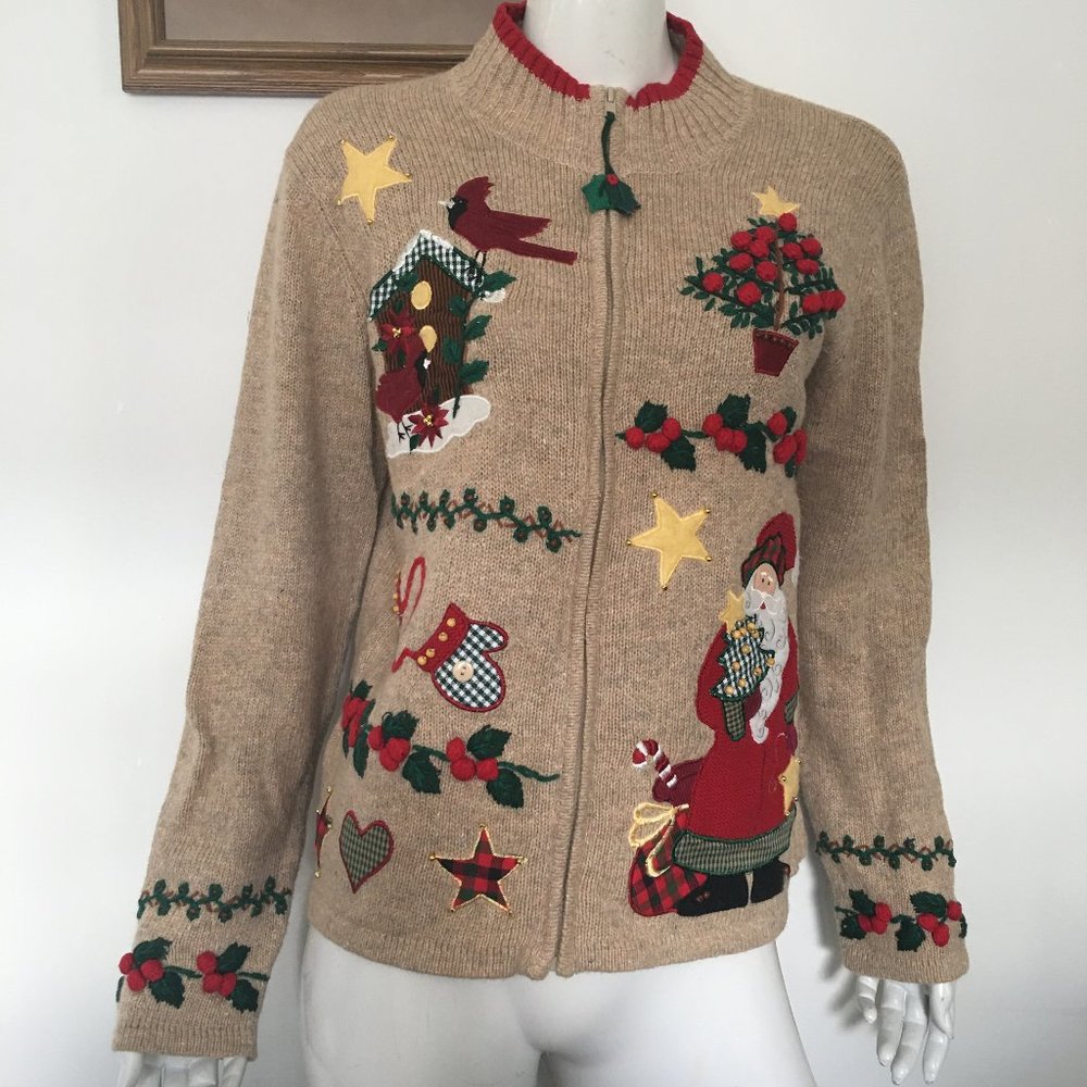 Medium “Ugly” Christmas Sweater Tan w/ Red Santa